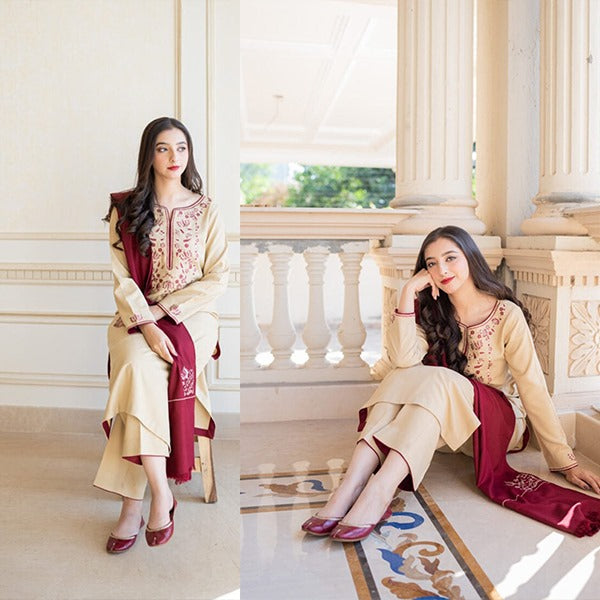 Winter 3 Piece Dhanak dress with Embroidered Shawll WC614