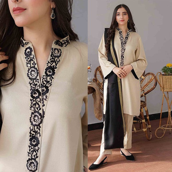 Winter 3 Piece Dhanak suit with Embroidered Shawll WC407