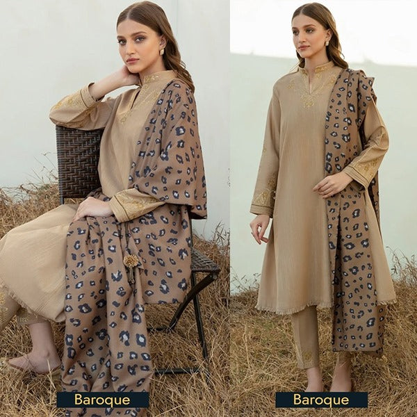 Winter 3 Piece Dhannak Embroidered suit with Printed Shawll WC958