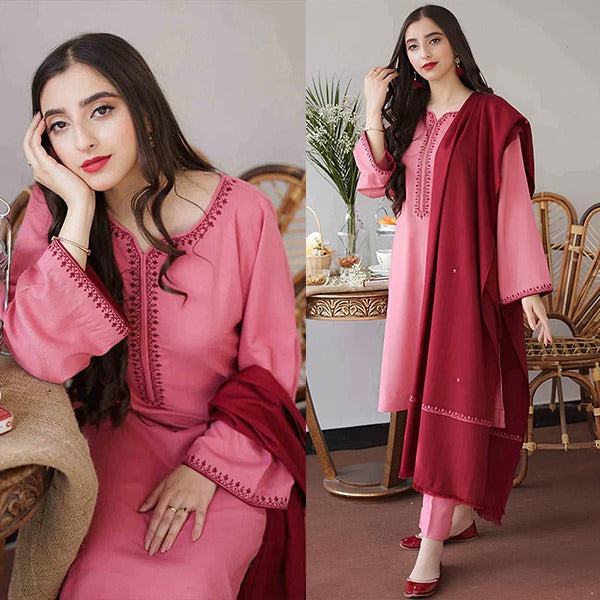 Winter 3 Piece Dhanak suit with Embroidered Shawll WC406