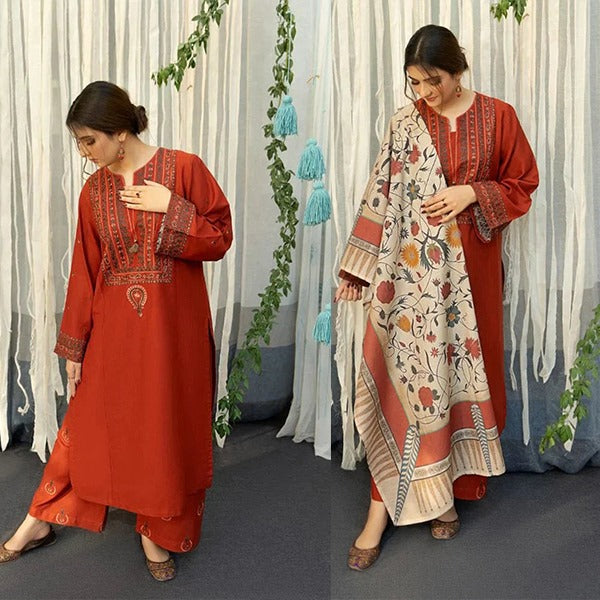 Sana Safinaz Winter 3 Piece Dhannak Embroidered dress with Printed Shawll WC914