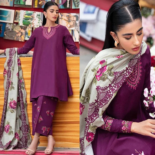 Winter 3 Piece Dhanak Embroidered suit with Printed Shawll WC581