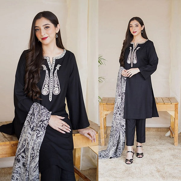 Asling Winter 3 Piece Dhanak Embroidered Suit with Printed Shawll WC1204