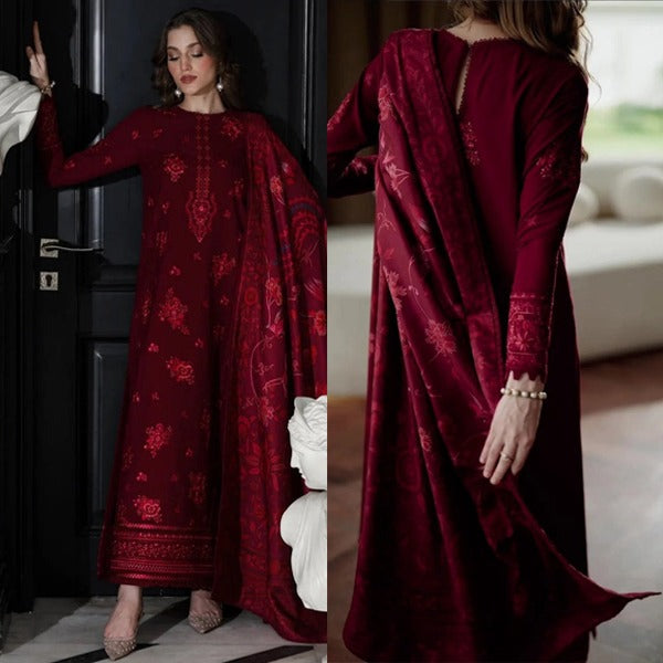 Unstitched Winter Batik 3 Piece Dhanak Embroidered Shirt With Courtai Printed Shawll & Trouser WC1238