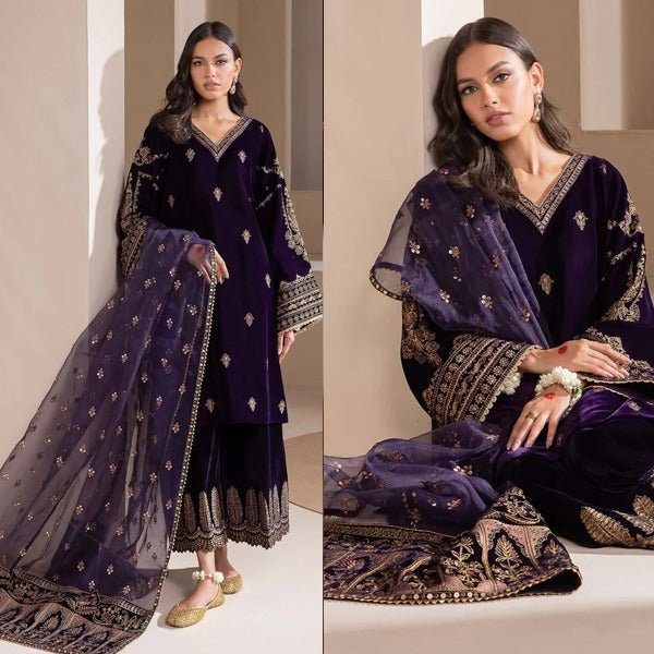 Baroque Velvet Embroidered Shirt with Embroidered Organza duppatta Silk Trouser WC1111