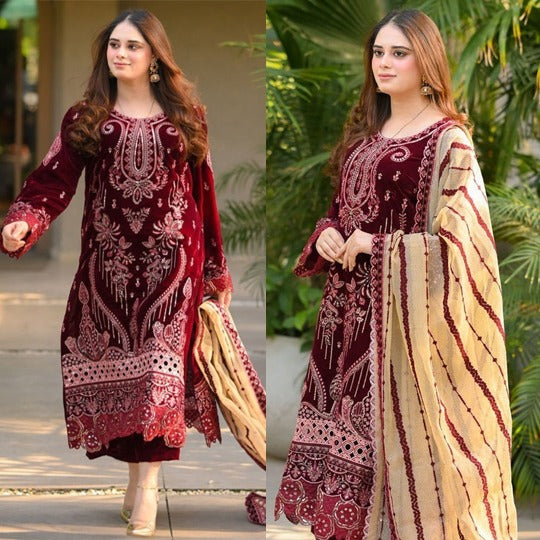 Velvet Embroidered Dress With Organza embroidered Dopata and Silk Trouser WC1240