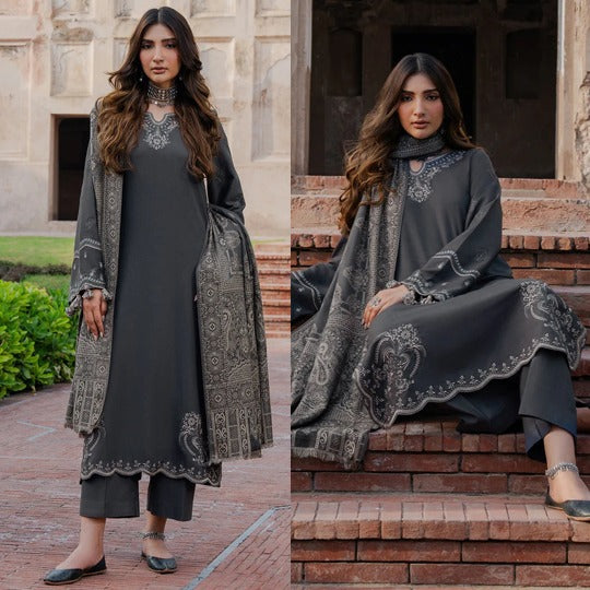 IZEL Dhanak Embroidered Shirt With Printed Shawll & Trouser 3 Piece WC1245