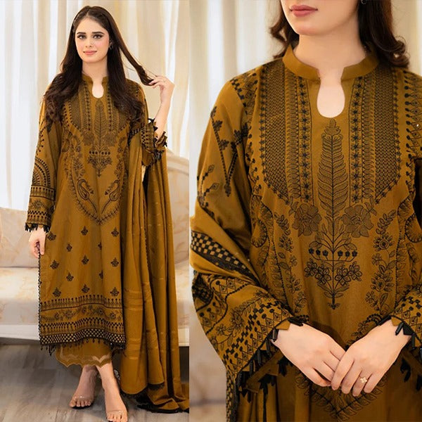 Winter 3 Piece Embroidered Dhanak dress with Heavy Embroidered Dhanak Shawll WC1110