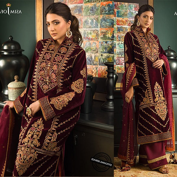 WC1113-Velvet Embroidered Dress With Organza embroidered Dupata