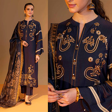 Unstitched Winter Embroidered Dhanak Dress with Printed Shawll 3 Piece WC824
